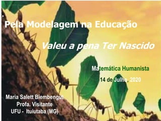 Maria Salett Biembengut
Profa. Visitante
UFU - Ituiutaba (MG)
Matemática Humanista
14 de Julho, 2020
.
Pela Modelagem na Educação
Valeu a pena Ter Nascido
 