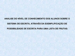 ANALISE DO NÍVEL DE CONHECIMENTO DOS ALUNOS SOBRE O

  SISTEMA DE ESCRITA, ATRAVÉS DA EXEMPLIFICAÇÃO DE

 POSSIBILIDADE DE ESCRITA PARA UMA LISTA DE FRUTAS:
 