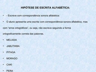 HIPÓTESE DE ESCRITA ALFABÉTICA:

•   - Escreve com correspondência sonora alfabética:

•   O aluno apresenta uma escrita com correspondência sonora alfabética, mas

com “erros ortográficos”, ou seja, não escreve seguindo a forma

ortograficamente correta das palavras.

•   MELASIA

•   JABUTIKBA

•   PITAGA

•   MORAGO

•   CAKI

•   PERA
 