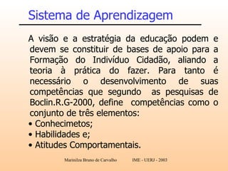 Sistema de Aprendizagem   A visão e a estratégia da educação podem e devem se constituir de bases de apoio para a Formação do Indivíduo Cidadão, aliando a teoria à prática do fazer. Para tanto é necessário o desenvolvimento de suas competências que segundo  as pesquisas de Boclin.R.G-2000, define  competências como o conjunto de três elementos:  Conhecimetos; Habilidades e; Atitudes Comportamentais. 