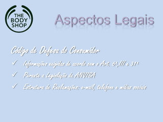 Código de Defesa do Consumidor
 Informações exigidas de acordo com o Art. 6º,III e 31º
 Perante a Legislação da ANVISA
 Estrutura de Reclamações: e-mail, telefone e mídias sociais
 