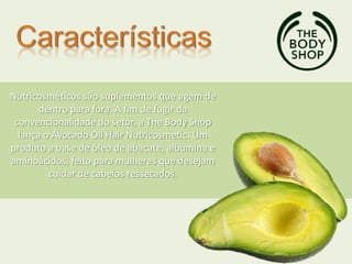 Nutricosméticos são suplementos que agem de
dentro para fora. A fim de fugir da
convencionalidade do setor, a The Body Shop
lança o Avocado Oil Hair Nutricosmetic. Um
produto a base de óleo de abacate, albumina e
aminoácidos, feito para mulheres que desejam
cuidar de cabelos ressecados.
 