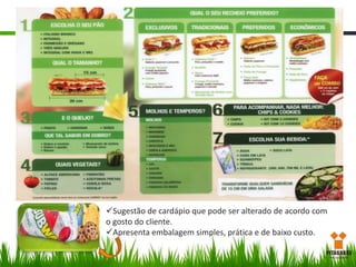 Sugestão de cardápio que pode ser alterado de acordo com
o gosto do cliente.
Apresenta embalagem simples, prática e de baixo custo.

 
