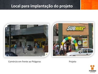 Local para implantação do projeto

Comércio em frente ao Pitágoras

Projeto

 