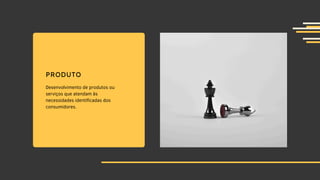 PRODUTO
Desenvolvimento de produtos ou
serviços que atendam às
necessidades identificadas dos
consumidores.
 
