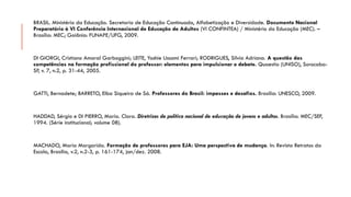 BRASIL. Ministério da Educação. Secretaria de Educação Continuada, Alfabetização e Diversidade. Documento Nacional Preparatório à VI Conferência Internacional de Educação de Adultos(VI CONFINTEA) / Ministério da Educação (MEC). – Brasília: MEC; Goiânia: FUNAPE/UFG, 2009. 
DI GIORGI, Cristiano Amaral Garboggini;LEITE, Yoshie UssamiFerrari; RODRIGUES, Silvia Adriana. A questão das competências na formação profissional do professor: elementos para impulsionar o debate.Quaestio (UNISO), Sorocaba- SP, v. 7, n.2, p. 31-44, 2005. 
GATTI, Bernadete; BARRETO, Elba Siqueira de Sá. Professores do Brasil: impasses e desafios.Brasília: UNESCO, 2009. 
HADDAD, Sérgio e DI PIERRO, Maria. Clara. Diretrizes de política nacional de educação de jovens e adultos. Brasília: MEC/SEF, 1994. (Série institucional; volume 08). 
MACHADO, Maria Margarida. Formação de professores para EJA: Uma perspectiva de mudança. In: Revista Retratos da Escola, Brasília, v.2, n.2-3, p. 161-174, jan/dez. 2008.  