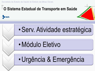 O Sistema Estadual de Transporte em Saúde




        • Serv. Atividade estratégica

        • Módulo Eletivo

        • Urgência & Emergência
 