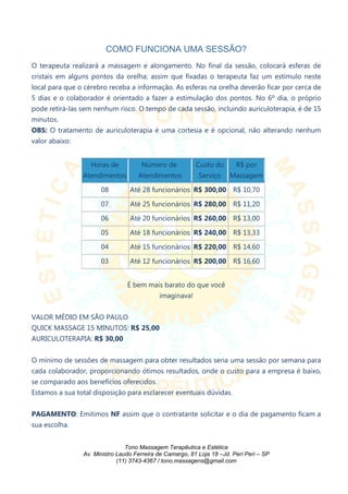 COMO FUNCIONA UMA SESSÃO?
O terapeuta realizará a massagem e alongamento. No final da sessão, colocará esferas de
cristais em alguns pontos da orelha; assim que fixadas o terapeuta faz um estímulo neste
local para que o cérebro receba a informação. As esferas na orelha deverão ficar por cerca de
5 dias e o colaborador é orientado a fazer a estimulação dos pontos. No 6º dia, o próprio
pode retirá-las sem nenhum risco. O tempo de cada sessão, incluindo auriculoterapia, é de 15
minutos.
OBS: O tratamento de auriculoterapia é uma cortesia e é opcional, não alterando nenhum
valor abaixo:
Horas de
Atendimentos
Número de
Atendimentos
Custo do
Serviço
R$ por
Massagem
08 Até 28 funcionários R$ 300,00 R$ 10,70
07 Até 25 funcionários R$ 280,00 R$ 11,20
06 Até 20 funcionários R$ 260,00 R$ 13,00
05 Até 18 funcionários R$ 240,00 R$ 13,33
04 Até 15 funcionários R$ 220,00 R$ 14,60
03 Até 12 funcionários R$ 200,00 R$ 16,60
É bem mais barato do que você
imaginava!
VALOR MÉDIO EM SÃO PAULO
QUICK MASSAGE 15 MINUTOS: R$ 25,00
AURICULOTERAPIA: R$ 30,00
O mínimo de sessões de massagem para obter resultados seria uma sessão por semana para
cada colaborador, proporcionando ótimos resultados, onde o custo para a empresa é baixo,
se comparado aos benefícios oferecidos.
Estamos a sua total disposição para esclarecer eventuais dúvidas.
PAGAMENTO: Emitimos NF assim que o contratante solicitar e o dia de pagamento ficam a
sua escolha.
Tono Massagem Terapêutica e Estética
Av. Ministro Laudo Ferreira de Camargo, 81 Loja 18 –Jd. Peri Peri – SP
(11) 3743-4367 / tono.massagens@gmail.com
 