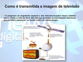 Como é transmitida a imagem de televisão• O progresso da engenharia espacial e das telecomunicações lançou satélites para a  órbita, à volta da Terra. São eles que garantem as transmissões televisivas que permitem comunicar  no mundo inteiro ao mesmo tempo.