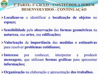 2ª PARTE: 1º CICLO – CONTEÚDOS A SEREM
DESENVOLVIDOS - CONTINUAÇÃO
Localizar-se e identificar a localização de objetos no
espaço;
Sensibilidade pela observação das formas geométricas na
natureza, nas artes, nas edificações;
Valorização da importância das medidas e estimativas
para resolver problemas cotidianos;
Interesse por conhecer, interpretar e produzir
mensagens, que utilizam formas gráficas para apresentar
informações;
Organização na elaboração e apresentação dos trabalhos.
 