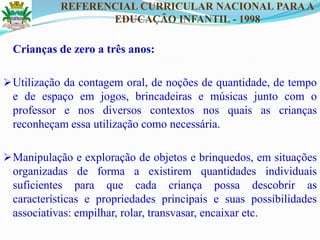 Crianças de zero a três anos:
Utilização da contagem oral, de noções de quantidade, de tempo
e de espaço em jogos, brincadeiras e músicas junto com o
professor e nos diversos contextos nos quais as crianças
reconheçam essa utilização como necessária.
Manipulação e exploração de objetos e brinquedos, em situações
organizadas de forma a existirem quantidades individuais
suficientes para que cada criança possa descobrir as
características e propriedades principais e suas possibilidades
associativas: empilhar, rolar, transvasar, encaixar etc.
REFERENCIAL CURRICULAR NACIONAL PARAA
EDUCAÇÃO INFANTIL - 1998
 