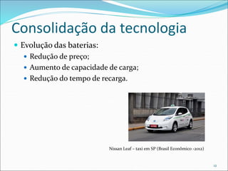 Consolidação da tecnologia
 Evolução das baterias:
 Redução de preço;
 Aumento de capacidade de carga;
 Redução do tempo de recarga.
12
Nissan Leaf – taxi em SP (Brasil Econômico -2012)
 