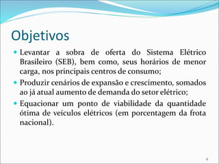 Objetivos
 Levantar a sobra de oferta do Sistema Elétrico
Brasileiro (SEB), bem como, seus horários de menor
carga, nos principais centros de consumo;
 Produzir cenários de expansão e crescimento, somados
ao já atual aumento de demanda do setor elétrico;
 Equacionar um ponto de viabilidade da quantidade
ótima de veículos elétricos (em porcentagem da frota
nacional).
9
 