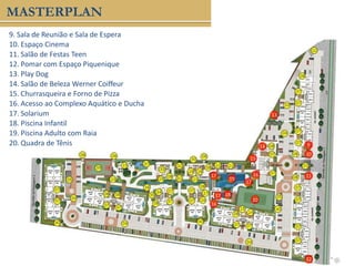 9
10
11
13
14
15
16
17
17
17
16
18
19
20
9. Sala de Reunião e Sala de Espera
10. Espaço Cinema
11. Salão de Festas Teen
12. Pomar com Espaço Piquenique
13. Play Dog
14. Salão de Beleza Werner Coiffeur
15. Churrasqueira e Forno de Pizza
16. Acesso ao Complexo Aquático e Ducha
17. Solarium
18. Piscina Infantil
19. Piscina Adulto com Raia
20. Quadra de Tênis
12
MASTERPLAN
 