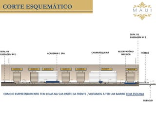 SERV. DE
PASSAGEM Nº 1
SERV. DE
PASSAGEM Nº 2
ACADEMIA E SPA CHURRASQUEIRA TÉRREO
SUBSOLO
RESERVATÓRIO
INFERIOR
BLOCO 06BLOCO 02 BLOCO 03 BLOCO 04 BLOCO 05 BLOCO 07 BLOCO 08
CORTE ESQUEMÁTICO
COMO O EMPREENDIMENTO TEM LOJAS NA SUA PARTE DA FRENTE , VOLTAMOS A TER UM BAIRRO COM ESQUINA
 