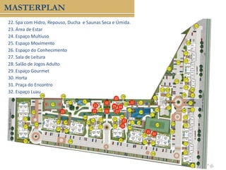 22. Spa com Hidro, Repouso, Ducha e Saunas Seca e Úmida.
23. Área de Estar
24. Espaço Multiuso
25. Espaço Movimento
26. Espaço do Conhecimento
27. Sala de Leitura
28. Salão de Jogos Adulto
29. Espaço Gourmet
30. Horta
31. Praça do Encontro
32. Espaço Luau
MASTERPLAN
22
2323
23
23
24
25
26
27
2829
30
31
32
 