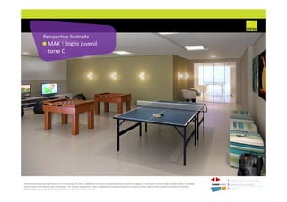 MAX | Jogos juvenil
torre C
Perspectiva ilustrada
1 CONCEITO MAX/ IMPLANTAÇÃO
2 PERSPECTIVAS ILUSTRADAS
3 PLANTAS
Memorial de Incorporação registrado sob o R.2 da matrícula 207.236, em 30/09/2010, em processo de retificação junto ao Cartório de Registro de Imóveis da 1ª Circunscrição de Goiânia, Goiás. As unidades
somente serão comercializadas após tal retificação. *Os materiais, equipamentos, cores e vegetações do projeto de paisagismo e das áreas comuns poderão sofrer pequenas alterações em função da
disponibilidade do mercado. MATERIAL PROVISÓRIO DE USO INTERNO DO CORRETOR.
 