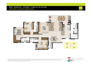 MAX – BLOCO A2 – 127,90m² – FINAL 01, 02, 03 e 04
AMPLIADA E COZINHA AMERICANA
1 CONCEITO MAX/ IMPLANTAÇÃO
2 PERSPECTIVAS ILUSTRADAS
3 PLANTAS
Memorial de Incorporação registrado sob o R.2 da matrícula 207.236, em 30/09/2010, em processo de retificação junto ao Cartório de Registro de Imóveis da 1ª Circunscrição de Goiânia, Goiás. As unidades
somente serão comercializadas após tal retificação. *Os materiais, equipamentos, cores e vegetações do projeto de paisagismo e das áreas comuns poderão sofrer pequenas alterações em função da
disponibilidade do mercado. MATERIAL PROVISÓRIO DE USO INTERNO DO CORRETOR.
 