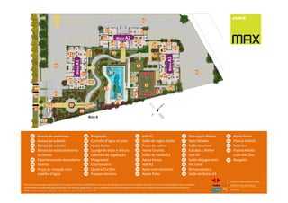 0202
0404
191918182020
2121
1717
2222 2525
3636
3838
3737
23232424
2626
2727
2828
2929
1212
1313
1414 1414
1515
3535
3434
3030
3131 3333
3232
1111
1010
3939
0505
0303
0505
0505
Bloco A2Bloco A2
BlocoA3BlocoA3
BlocoA1BlocoA1
0101
0606 0707 0909
3939
0808
1616
01 Acesso de pedestres
Acesso ao subsolo
Rampa do subsolo
Acesso ao estacionamento
do térreo
Estacionamento descoberto
Guarita
Praça de chegada com
espelho d’água
02
03
04
05
06
07
08 Pergolado
Caminho d’água no piso
Apoio festas
Lounge de estar e leitura
Labirinto de vegetação
Playground
Churraqueira
Quadra 11x19m
Espaços técnicos
09
10
11
13
14
15
12
16
17 Hall A1
Salão de Jogos Adulto
Praça do xadrez
Home Cinema
Salão de Festas A1
Apoio Festas
Hall A2
Relax com vestiários
Apoio Relax
18
19
20
22
23
24
21
25
26 Sala Ioga e Pilates
Apto Zelador
Salão Gourmet
Estudos e Atelier
Hall A3
Salão de jogos teen
Pet Care
Brinquedoteca
Salão de festas A3
27
28
29
31
32
33
30
34
35 Apoio festas
Piscina Infantil
Solarium
Piscina Adulto
com raia 25m
Bangalôs
36
37
38
39
Memorial de Incorporação registrado sob o R.2 da matrícula 207.236, em 30/09/2010, em processo de retificação junto ao Cartório de Registro de Imóveis da 1ª Circunscrição de Goiânia, Goiás. As unidades
somente serão comercializadas após tal retificação. *Os materiais, equipamentos, cores e vegetações do projeto de paisagismo e das áreas comuns poderão sofrer pequenas alterações em função da
disponibilidade do mercado. MATERIAL PROVISÓRIO DE USO INTERNO DO CORRETOR.
RUA K
1 CONCEITO MAX/ IMPLANTAÇÃO
2 PERSPECTIVAS ILUSTRADAS
3 PLANTAS
 