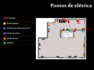 Pontos de elétrica
220V
220V
220V
27 Tomadas
10 Interruptores
10 Pontos de sinais, som ou TV
2 Ponto de antena
Quadro de Luz
Interfone
 
