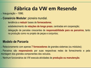 Fábrica da VW em Resende
   Inauguração – 1996;
   Consórcio Modular: pioneira mundial.
      -   tendência a reduzir bases de fornecedores;
      -   estabelecimento de relações de longo prazo, centradas em cooperação;
      -   delegação de parcelas crescentes de responsabilidade para os parceiros, tanto
          na produção como no projeto de peças e conjuntos;


    Modelo de Parceria
 Relacionamento com apenas 7 fornecedores de grandes sistemas (ou módulos);
 Parceiros são responsáveis por suas respectivas redes de fornecimento e pela

montagem dos grandes componentes dos veículos.
 Nenhum funcionários da VW executa atividades de produção ou manutenção.
 
