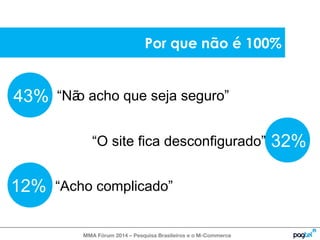 Por que não é 100% 
MMA Fórum 2014 – Pesquisa Brasileiros e o M-Commerce 
43% 
32% 
12% 
“Não acho que seja seguro” 
“O site fica desconfigurado” 
“Acho complicado” 
 