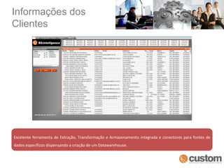 Com o módulo de BI da Custom é possível extrair uma grande quantidade de informações da melhor maneira para cada organização. Informações dos Clientes Excelente ferramenta de Extração, Transformação e Armazenamento integrada e conectores para fontes de dados específicos dispensando a criação de um Datawarehouse. 