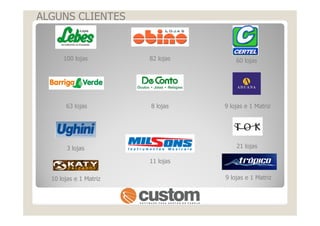 ALGUNS CLIENTES
100 lojas 82 lojas 60 lojas
8 lojas 9 lojas e 1 Matriz63 lojas
3 lojas 21 lojas
10 lojas e 1 Matriz 9 lojas e 1 Matriz
11 lojas
 