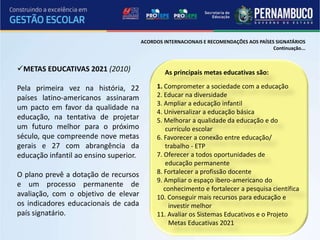 ACORDOS INTERNACIONAIS E RECOMENDAÇÕES AOS PAÍSES SIGNATÁRIOS
                                                                                         Continuação...



METAS EDUCATIVAS 2021 (2010)                    As principais metas educativas são:

Pela primeira vez na história, 22             1. Comprometer a sociedade com a educação
países latino-americanos assinaram            2. Educar na diversidade
                                              3. Ampliar a educação infantil
um pacto em favor da qualidade na
                                              4. Universalizar a educação básica
educação, na tentativa de projetar            5. Melhorar a qualidade da educação e do
um futuro melhor para o próximo                   currículo escolar
século, que compreende nove metas             6. Favorecer a conexão entre educação/
gerais e 27 com abrangência da                    trabalho - ETP
educação infantil ao ensino superior.         7. Oferecer a todos oportunidades de
                                                  educação permanente
O plano prevê a dotação de recursos           8. Fortalecer a profissão docente
                                              9. Ampliar o espaço ibero-americano do
e um processo permanente de
                                                 conhecimento e fortalecer a pesquisa científica
avaliação, com o objetivo de elevar           10. Conseguir mais recursos para educação e
os indicadores educacionais de cada                investir melhor
país signatário.                              11. Avaliar os Sistemas Educativos e o Projeto
                                                   Metas Educativas 2021
 