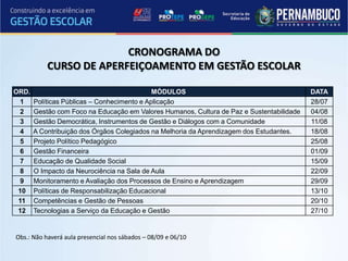CRONOGRAMA DO
           CURSO DE APERFEIÇOAMENTO EM GESTÃO ESCOLAR

ORD.                                         MÓDULOS                                       DATA
  1    Políticas Públicas – Conhecimento e Aplicação                                       28/07
  2    Gestão com Foco na Educação em Valores Humanos, Cultura de Paz e Sustentabilidade   04/08
  3    Gestão Democrática, Instrumentos de Gestão e Diálogos com a Comunidade              11/08
  4    A Contribuição dos Órgãos Colegiados na Melhoria da Aprendizagem dos Estudantes.    18/08
  5    Projeto Político Pedagógico                                                         25/08
  6    Gestão Financeira                                                                   01/09
  7    Educação de Qualidade Social                                                        15/09
  8    O Impacto da Neurociência na Sala de Aula                                           22/09
  9    Monitoramento e Avaliação dos Processos de Ensino e Aprendizagem                    29/09
 10    Políticas de Responsabilização Educacional                                          13/10
 11    Competências e Gestão de Pessoas                                                    20/10
 12    Tecnologias a Serviço da Educação e Gestão                                          27/10


Obs.: Não haverá aula presencial nos sábados – 08/09 e 06/10
 