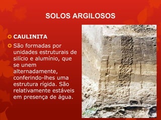SOLOS ARGILOSOS
 CAULINITA
 São formadas por
unidades estruturais de
silício e alumínio, que
se unem
alternadamente,
conferindo-lhes uma
estrutura rígida. São
relativamente estáveis
em presença de água.
 