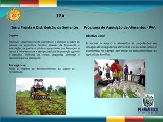 IPA

  Terra Pronta e Distribuição de Sementes                          Programa de Aquisição de Alimentos - PAA
Objetivo                                                            Objetivo Geral
Promover desenvolvimento sustentável e diminuir o índice de
                                                                    Promover o acesso a alimentos às populações em
pobreza na agricultura familiar, através da formulação e
articulação de políticas públicas apropriadas que favoreçam o       situação de insegurança alimentar e a inclusão social e
acesso à infra-estrutura e serviços básicos de produção agrícola    econômica no campo por meio do fortalecimento da
e pecuária, melhoria de renda, segurança alimentar e                agricultura familiar.
nutricional para a população.

Abrangência:
Todas as regiões de desenvolvimento do Estado de
Pernambuco
 