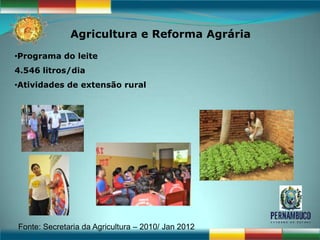 Agricultura e Reforma Agrária
•Programa do leite
4.546 litros/dia
•Atividades de extensão rural




Fonte: Secretaria da Agricultura – 2010/ Jan 2012
 