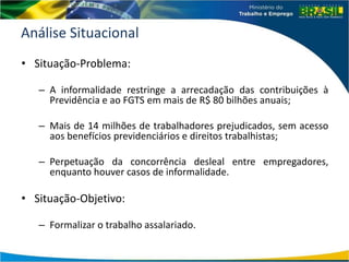 Análise Situacional
• Situação-Problema:
– A informalidade restringe a arrecadação das contribuições à
Previdência e ao FGTS em mais de R$ 80 bilhões anuais;
– Mais de 14 milhões de trabalhadores prejudicados, sem acesso
aos benefícios previdenciários e direitos trabalhistas;
– Perpetuação da concorrência desleal entre empregadores,
enquanto houver casos de informalidade.
• Situação-Objetivo:
– Formalizar o trabalho assalariado.
 
