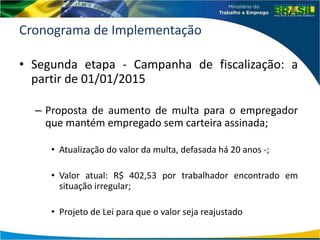 Cronograma de Implementação
• Segunda etapa - Campanha de fiscalização: a
partir de 01/01/2015
– Proposta de aumento de multa para o empregador
que mantém empregado sem carteira assinada;
• Atualização do valor da multa, defasada há 20 anos -;
• Valor atual: R$ 402,53 por trabalhador encontrado em
situação irregular;
• Projeto de Lei para que o valor seja reajustado
 