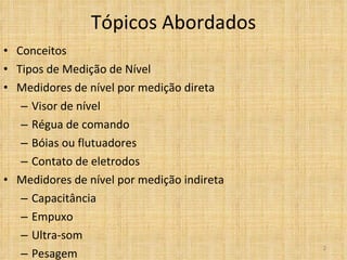 Tópicos Abordados Conceitos Tipos de Medição de Nível Medidores de nível por medição direta Visor de nível Régua de comando Bóias ou flutuadores Contato de eletrodos Medidores de nível por medição indireta Capacitância Empuxo Ultra-som Pesagem 