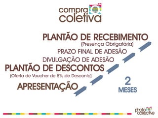 compra
                       coletiva
               PLANTÃO DE RECEBIMENTO
                                 (Presença Obrigatória)
                    PRAZO FINAL DE ADESÃO
               DIVULGAÇÃO DE ADESÃO
PLANTÃO DE DESCONTOS
 (Oferta de Voucher de 5% de Desconto)

    APRESENTAÇÃO
                                                   2
                                                MESES
 