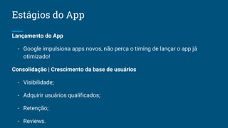 Estágios do App
Lançamento do App
- Google impulsiona apps novos, não perca o timing de lançar o app já
otimizado!
Consolidação | Crescimento da base de usuários
- Visibilidade;
- Adquirir usuários qualificados;
- Retenção;
- Reviews.
 