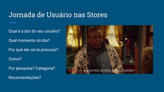 Qual é a dor do seu usuário?
Qual momento do dia?
Por quê ele vai te procurar?
Como?
Por pesquisa? Categoria?
Recomendações?
Jornada de Usuário nas Stores
 