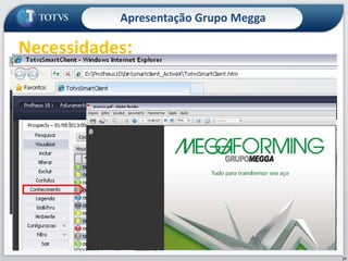 1. Cadastro de Clientes: Elaborar dois cadastros de clientes, os efetivos e os prospects.Dados de cadastro Prospect:CNPJFonte: feira, indicação, palestra, workshop, etcFiltrar por:Modelo de máquinaFornecedorEstadoLinha de negócioRepresentanteRegião – Zona sul, Leste, ABC, etc	OBS: Cadastro aberto aos representantes/vendedores para inclusão e alteração, não permite efetuar orçamento sem um cadastro básico do cliente.Acesso a lista de máquina vendidas pertinente a atividade de cada um17Apresentação Grupo MeggaNecessidades: