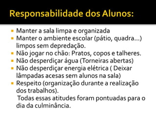    Manter a sala limpa e organizada
   Manter o ambiente escolar (pátio, quadra...)
    limpos sem depredação.
   Não jogar no chão: Pratos, copos e talheres.
   Não desperdiçar água (Torneiras abertas)
   Não desperdiçar energia elétrica ( Deixar
    lâmpadas acesas sem alunos na sala)
   Respeito (organização durante a realização
    dos trabalhos).
     Todas essas atitudes foram pontuadas para o
    dia da culminância.
 