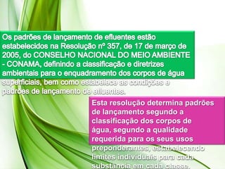 Esta resolução determina padrões
de lançamento segundo a
classificação dos corpos de
água, segundo a qualidade
requerida para os seus usos
preponderantes, estabelecendo
limites individuais para cada
substância em cada classe.
 