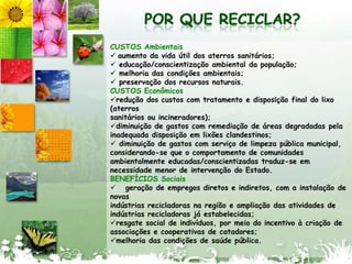 POR QUE RECICLAR?CUSTOS Ambientaisaumentodavidaútil dos aterrossanitários;