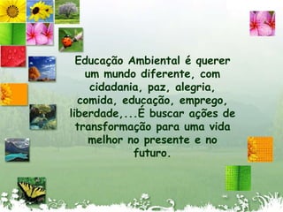 Educação Ambiental é querer um mundo diferente, com cidadania, paz, alegria, comida, educação, emprego, liberdade,...É buscar ações de transformação para uma vida melhor no presente e no futuro.