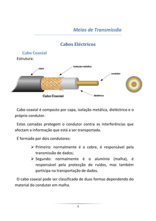 Meios de Transmissão

                          Cabos Eléctricos
    Cabo Coaxial
 Estrutura:




 Cabo coaxial é composto por capa, isolação metálica, dieléctrico e o
próprio condutor.

 Estas camadas protegem o condutor contra as interferências que
afectam a informação que está a ser transportada.

 É formado por dois condutores:

          Primeiro: normalmente é o cobre, é responsável pela
           transmissão de dados;
          Segundo: normalmente é o alumínio (malha), é
           responsável pela protecção de ruídos, mas também
           participa na transportação de dados.

 O cabo coaxial pode ser classificado de duas formas dependendo do
material do condutor em malha.




                                    3
 