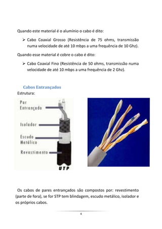 Quando este material é o alumínio o cabo é dito:

    Cabo Coaxial Grosso (Resistência de 75 ohms, transmissão
     numa velocidade de até 10 mbps a uma frequência de 10 Ghz).

 Quando esse material é cobre o cabo é dito:

    Cabo Coaxial Fino (Resistência de 50 ohms, transmissão numa
     velocidade de até 10 mbps a uma frequência de 2 Ghz).



    Cabos Entrançados
 Estrutura:




 Os cabos de pares entrançados são compostos por: revestimento
(parte de fora), se for STP tem blindagem, escudo metálico, isolador e
os próprios cabos.

                                    4
 