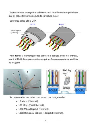 Estas camadas protegem o cabo contra as interferências e permitem
que os cabos tenham o angulo da curvatura maior.

 Diferença entre STP e UTP.




 Aqui temos a numeração dos cabos e a posição deles na entrada,
que é a RJ-45, há duas maneiras de pôr os fios como pode-se verificar
na imagem.




 As taxas usadas nas redes com o cabo par trançado são:
          10 Mbps (Ethernet);
          100 Mbps (Fast Ethernet);
          1000 Mbps (Gigabit Ethernet);
          10000 Mbps ou 10Gbps (10Gigabit Ethernet).

                                       5
 