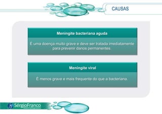 Meningite bacteriana aguda
É uma doença muito grave e deve ser tratada imediatamente
para prevenir danos permanentes.
CAUSAS
Meningite viral
É menos grave e mais frequente do que a bacteriana.
 