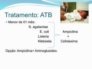 Tratamento: ATB
 Menor de 01 mês:
S. agalactiae
E. coli Ampicilina
Listeria +
Klebsiela Cefotaxima
Opção: Ampicilina+ Aminoglusideo.
 
