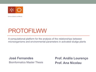 PROTOFILWW
A computational platform for the analysis of the relationships between
microorganisms and environmental parameters in activated sludge plants
José Fernandes
Bioinformatics Master Thesis
Prof. Anália Lourenço
Prof. Ana Nicolau
 